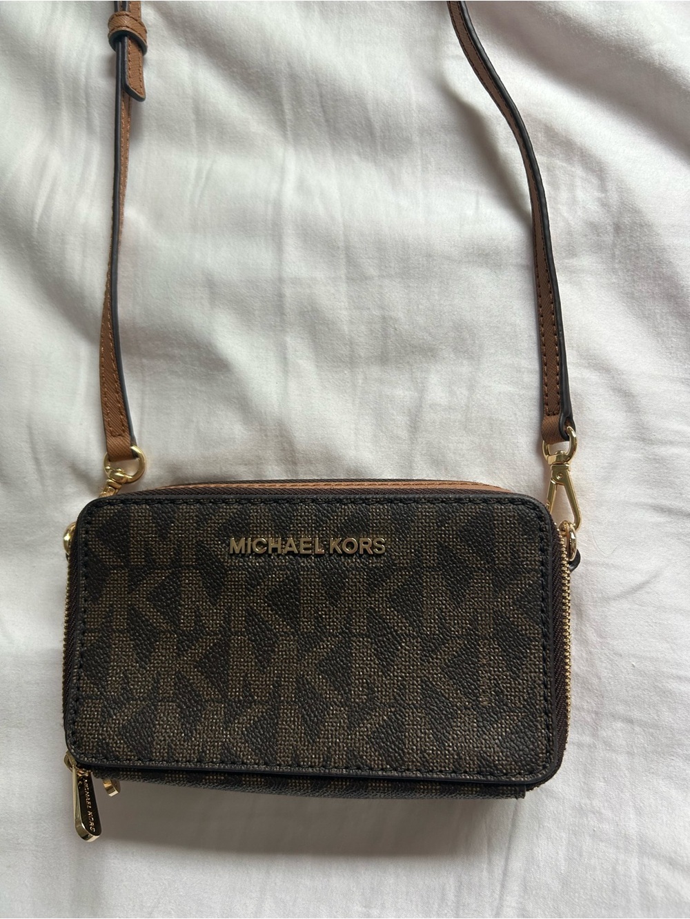 Michael Kors Brown and Tan Signature MK Crossbody Wallet